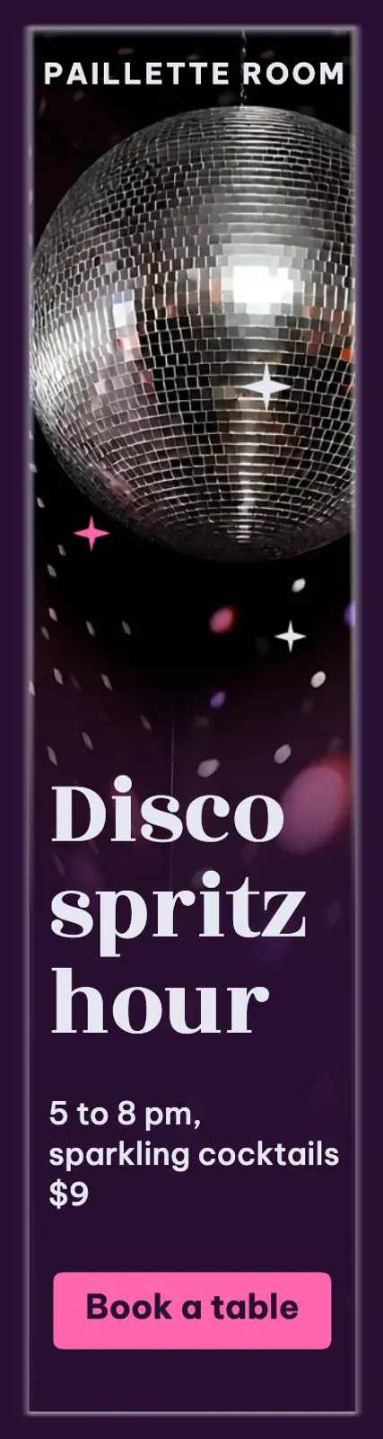 Paillette Room disco spritz hour skyscraper ad, mirrorball glam: disco spritz happy hour skyscraper ad template