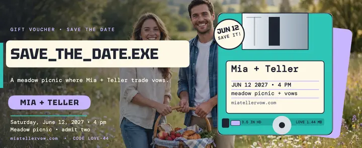 Mia and Teller diskette save the date voucher: save the date voucher template