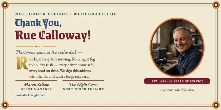 Rue Calloway dispatcher retirement address post template