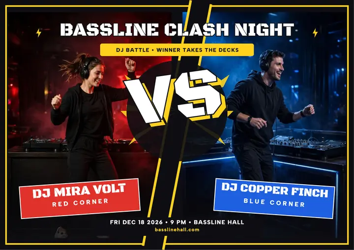 Bassline Clash DJ battle versus poster: dj battle poster template