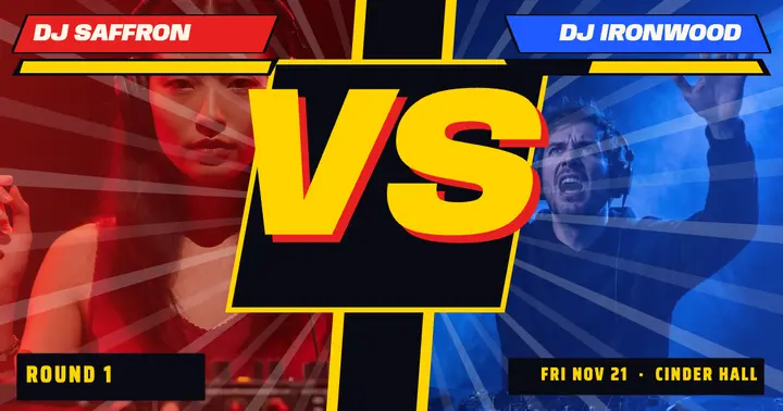 Saffron vs Ironwood DJ battle versus screen: dj battle event post template