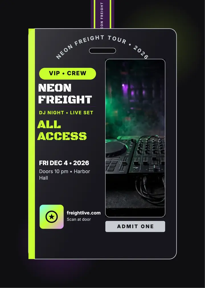 Neon Freight DJ night laminate pass: dj night invitation template