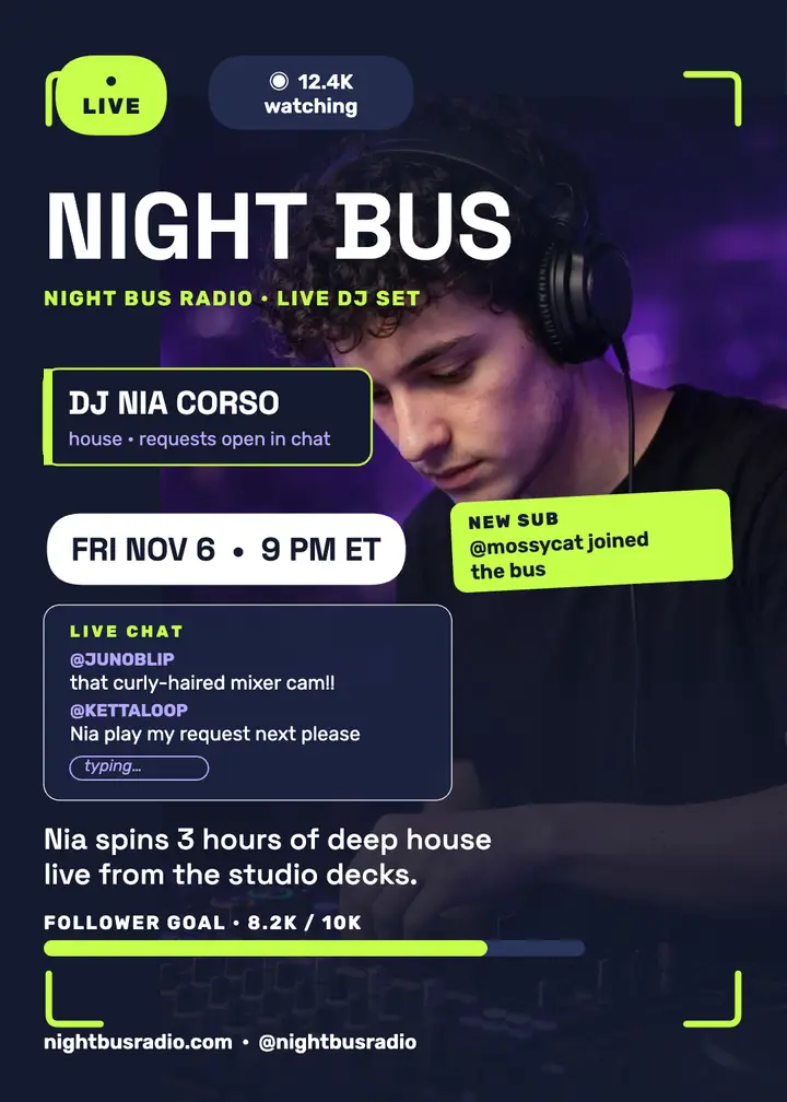 Night Bus DJ livestream invitation HUD template