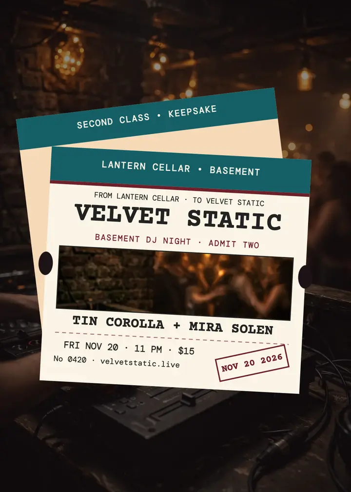 Velvet Static DJ night railway ticket invite template
