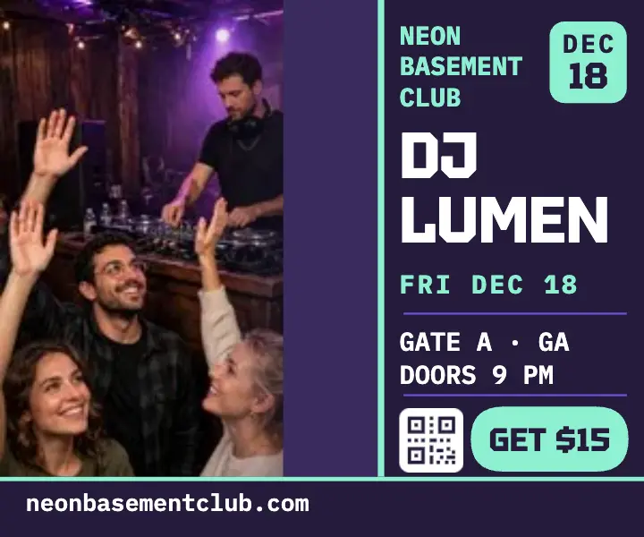 Neon Basement DJ night wallet ticket ad: dj night ticket ad template