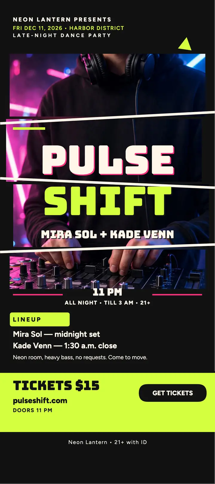 Pulse Shift DJ night rack card template