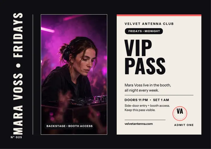 Mara Voss residency VIP pass, Velvet Antenna template
