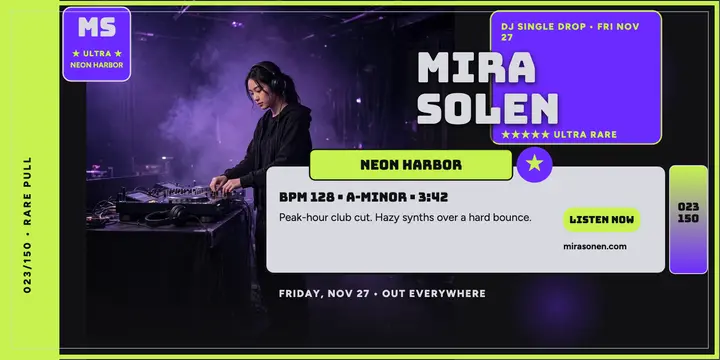 Mira Solen Neon Harbor trading card post template