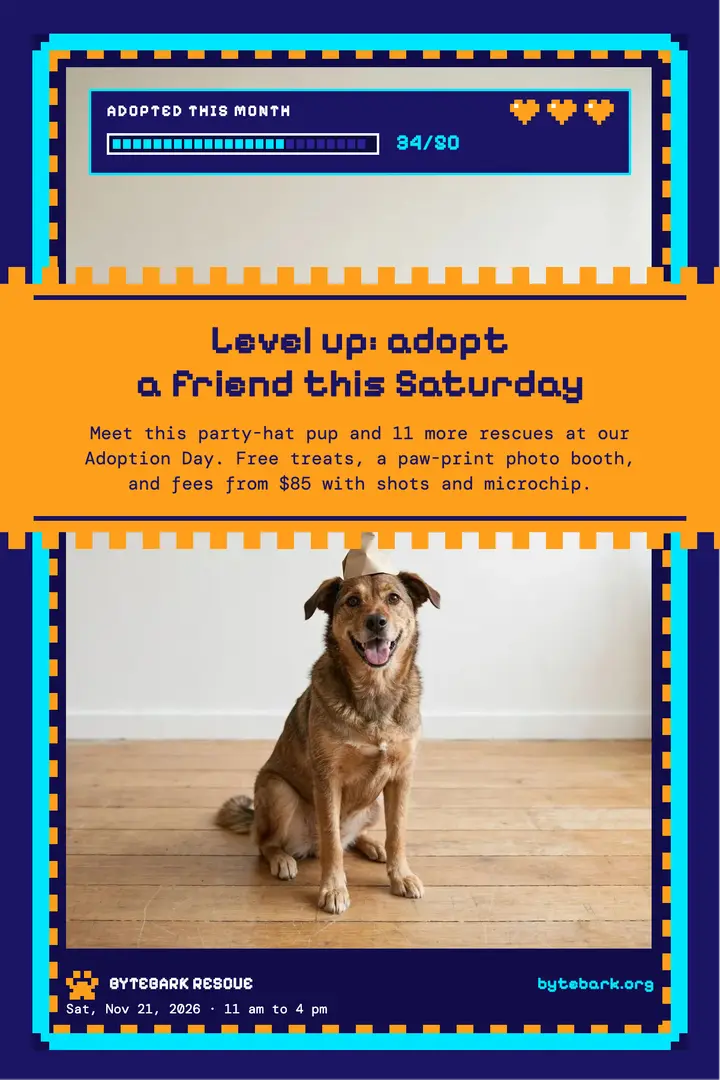 Bytebark Rescue adoption day poster, pixel art template