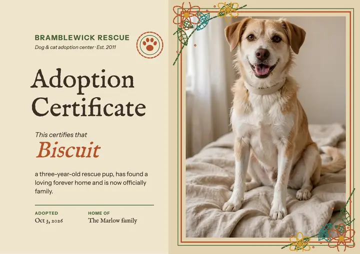 Bramblewick rescue adoption certificate template