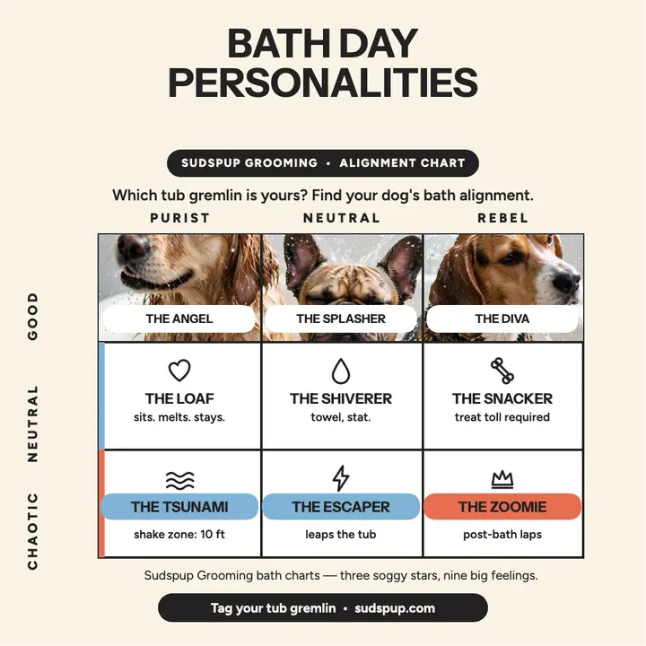 Sudspup bath day personalities chart: dog bath personalities post template