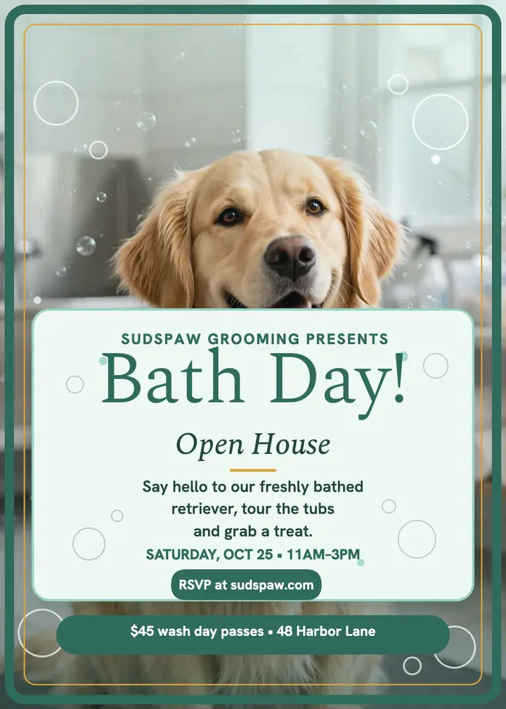 Sudspaw bath day open house invitation: dog grooming invitation template