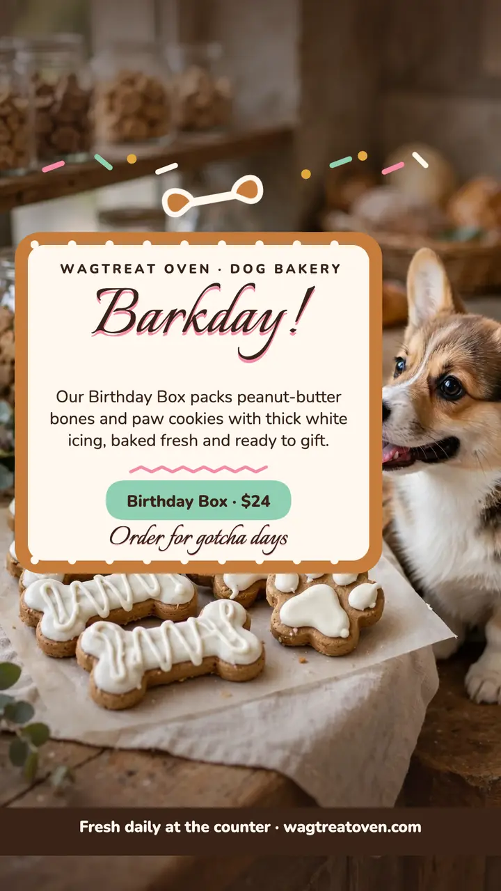 Wagtreat Oven birthday treat box story template