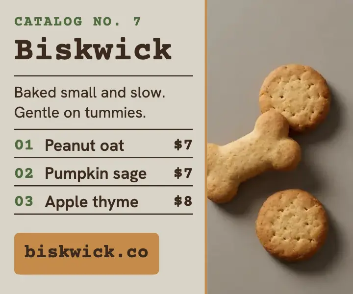 Biskwick dog biscuit bakery catalog ad: dog biscuit bakery ad template