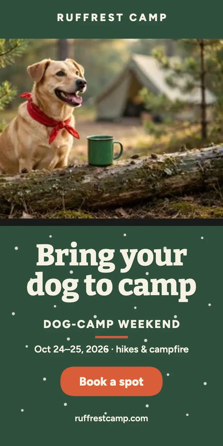 Ruffrest Camp dog weekend enamel ad template