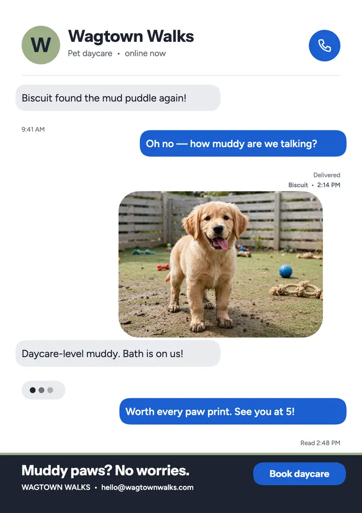 Wagtown Walks muddy day text thread flyer template