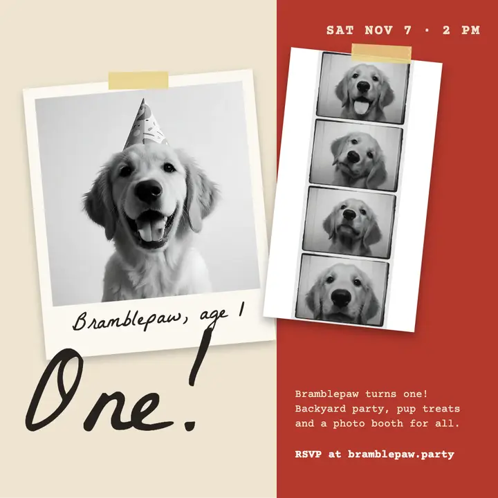 Puppy first birthday party square post, photo booth strip template
