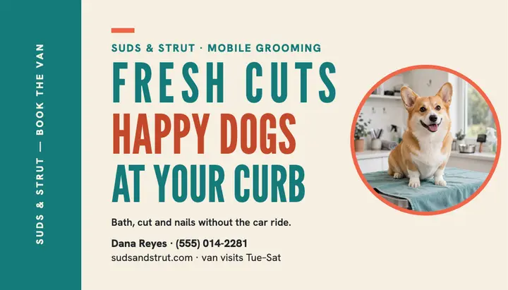 Suds and Strut mobile grooming card: dog grooming business card template
