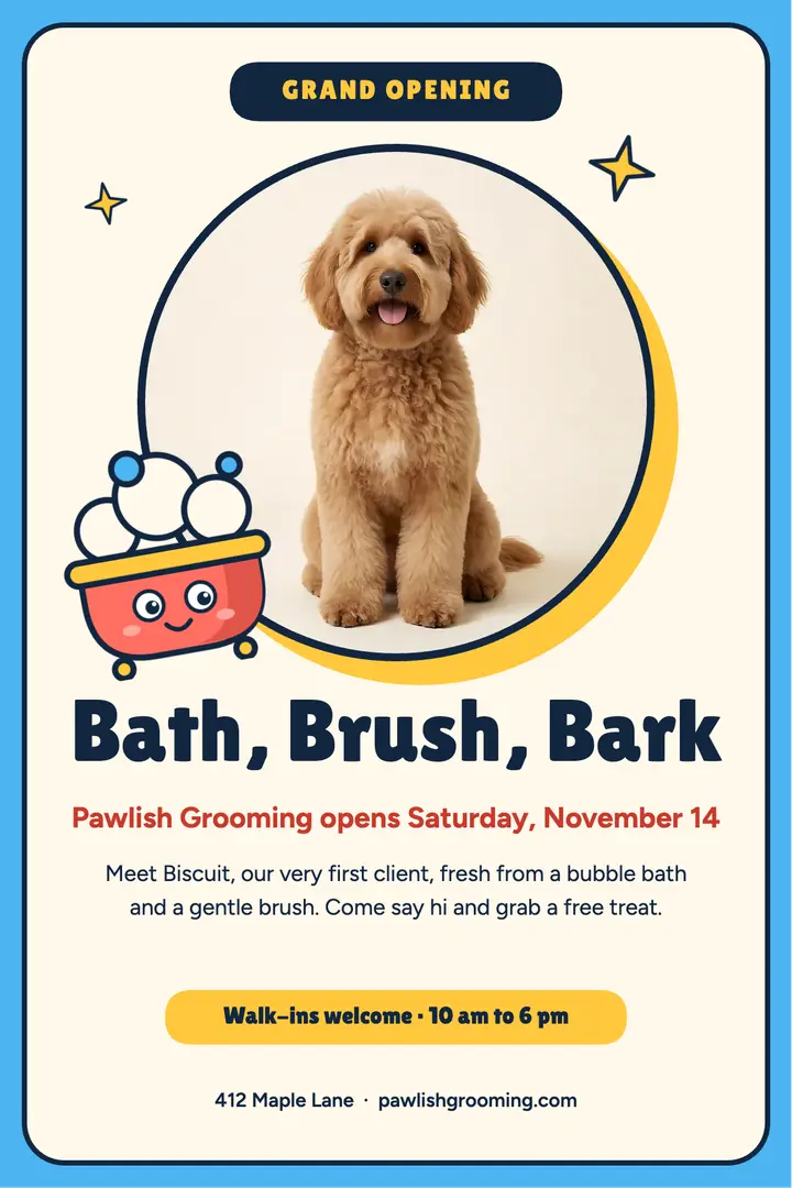 Pawlish Grooming grand opening poster, mascot template