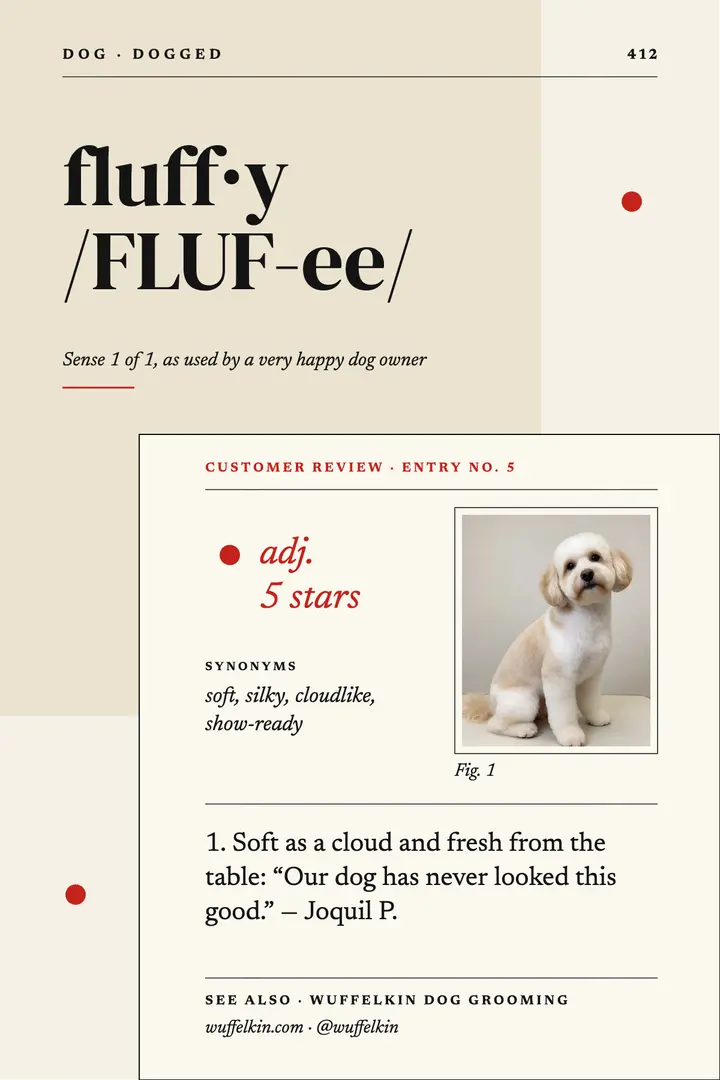 Wuffelkin dog groomer review dictionary poster: dog groomer review poster template