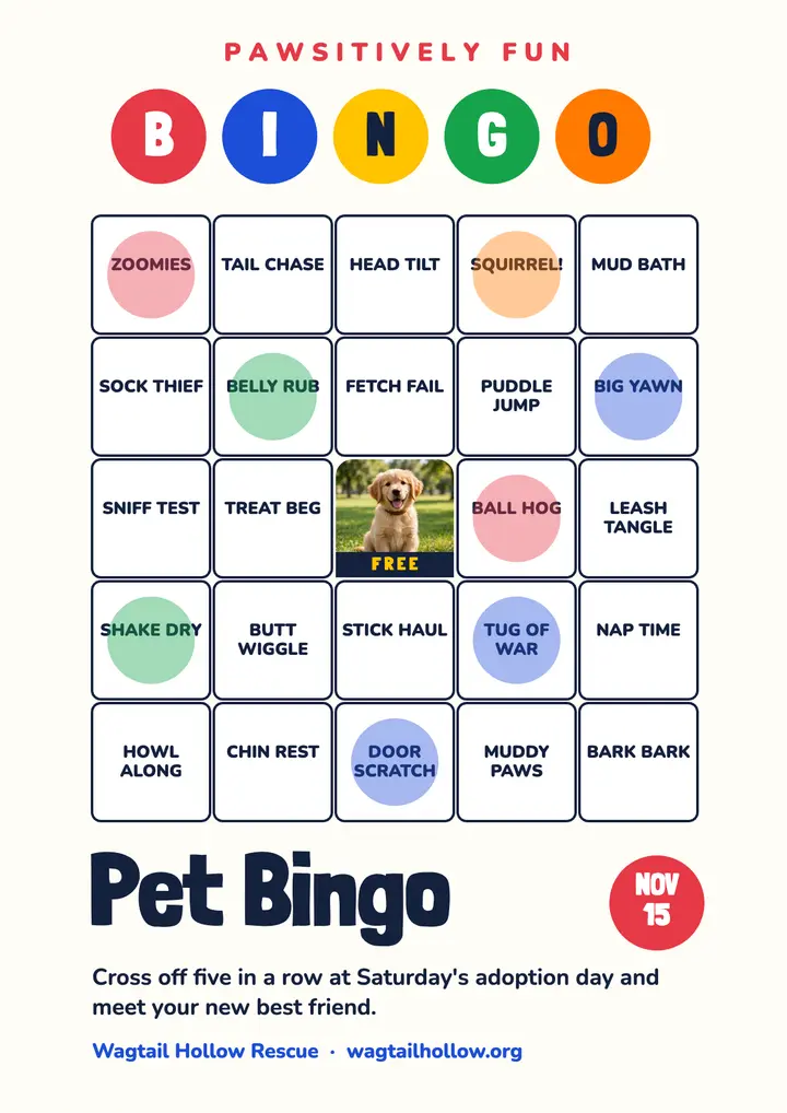 Wagtail Hollow adoption day pet bingo template