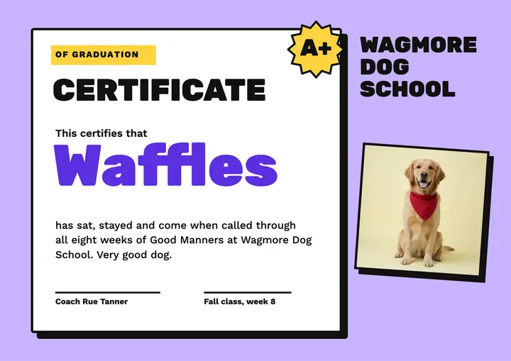 Wagmore Dog School graduation certificate template