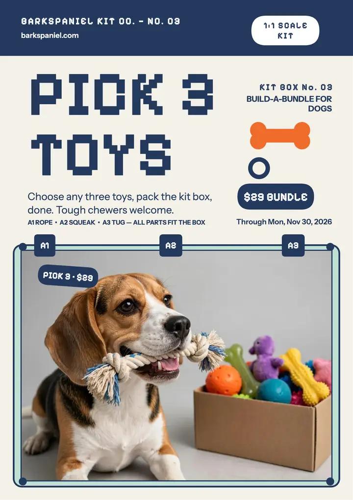 Barkspaniel build-a-bundle toy kit flyer template