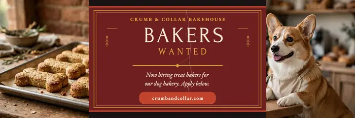 Crumb and Collar treat bakers hiring header: dog bakery hiring header template