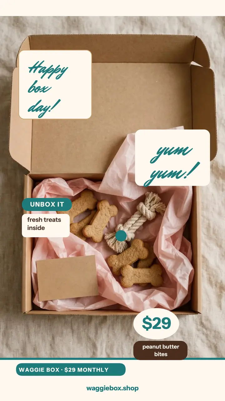 Waggie Box dog treat unboxing story template
