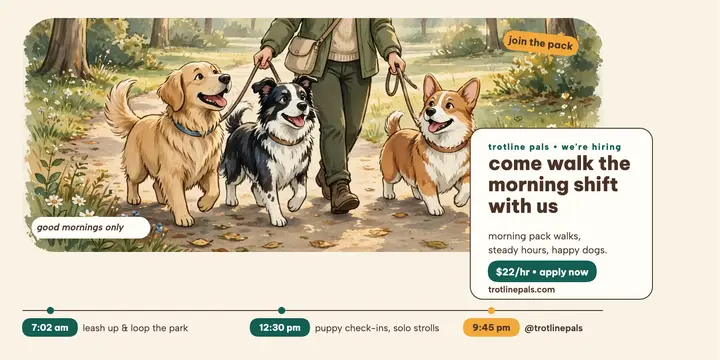 Trotline Pals dog walker day hiring post: dog walker hiring post template