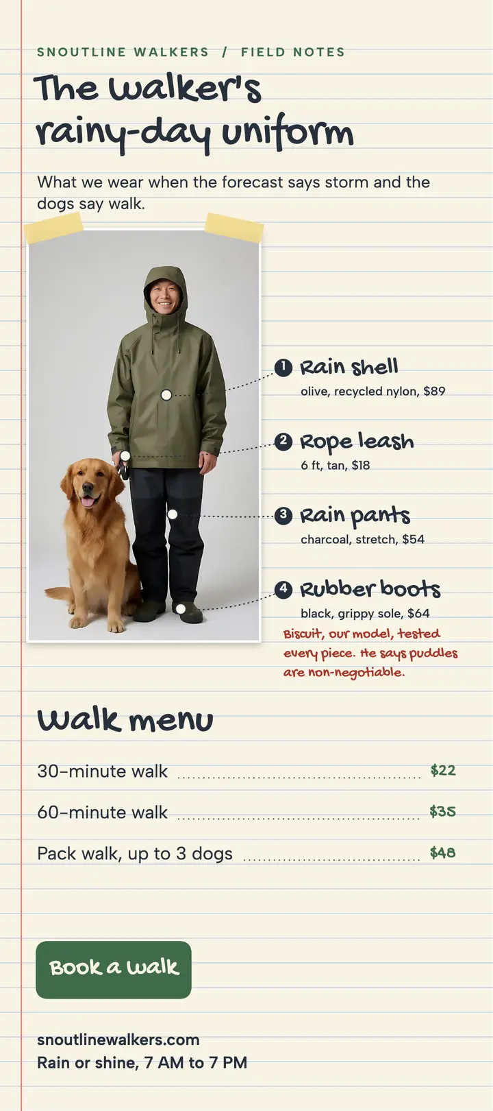 Snoutline Walkers rainy-day uniform outfit callouts rack card template