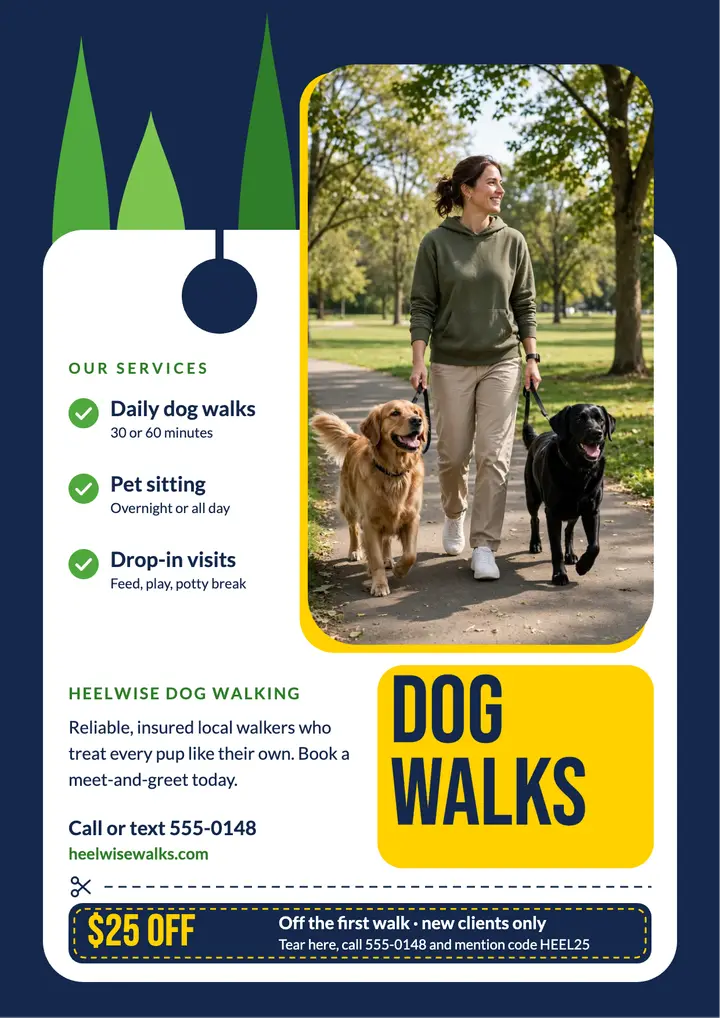 Heelwise dog walking door hanger flyer template