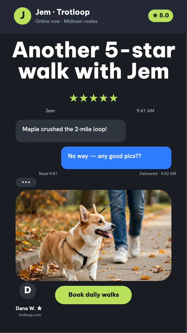 Trotloop dog walk 5-star thread story: dog walking review template