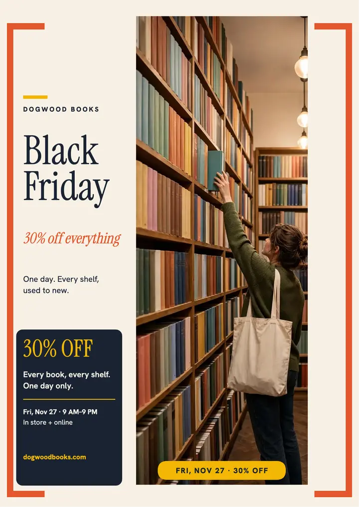 Dogwood Books Black Friday flyer: black friday bookstore flyer template