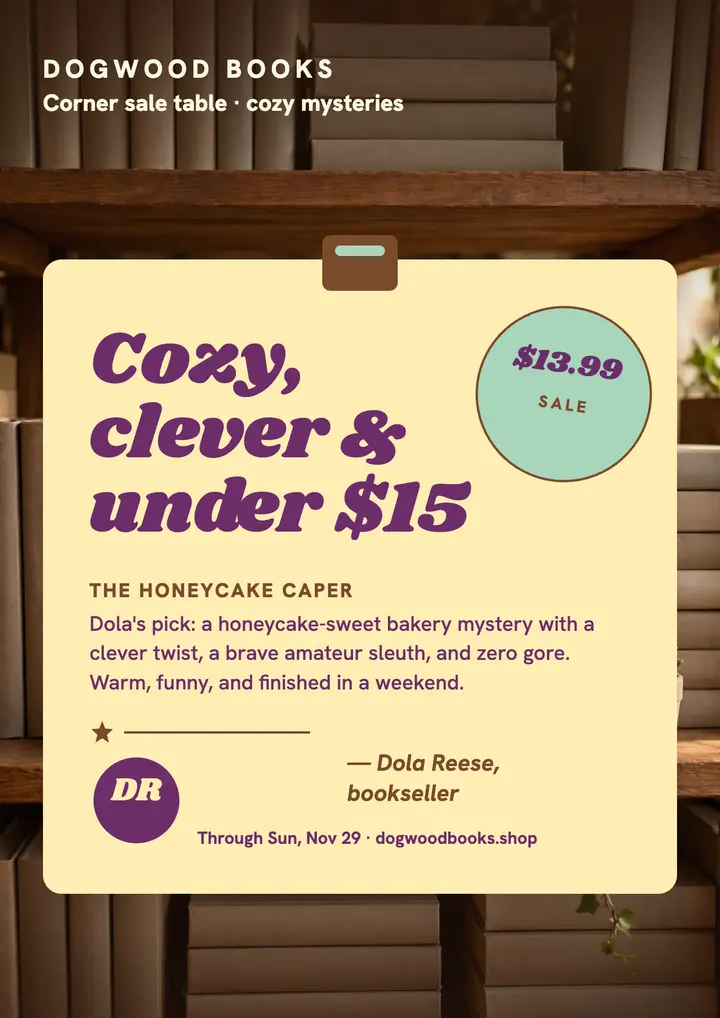 Dogwood Books cozy mystery staff pick flyer template