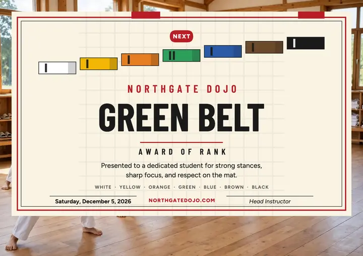 Northgate Dojo green belt certificate template