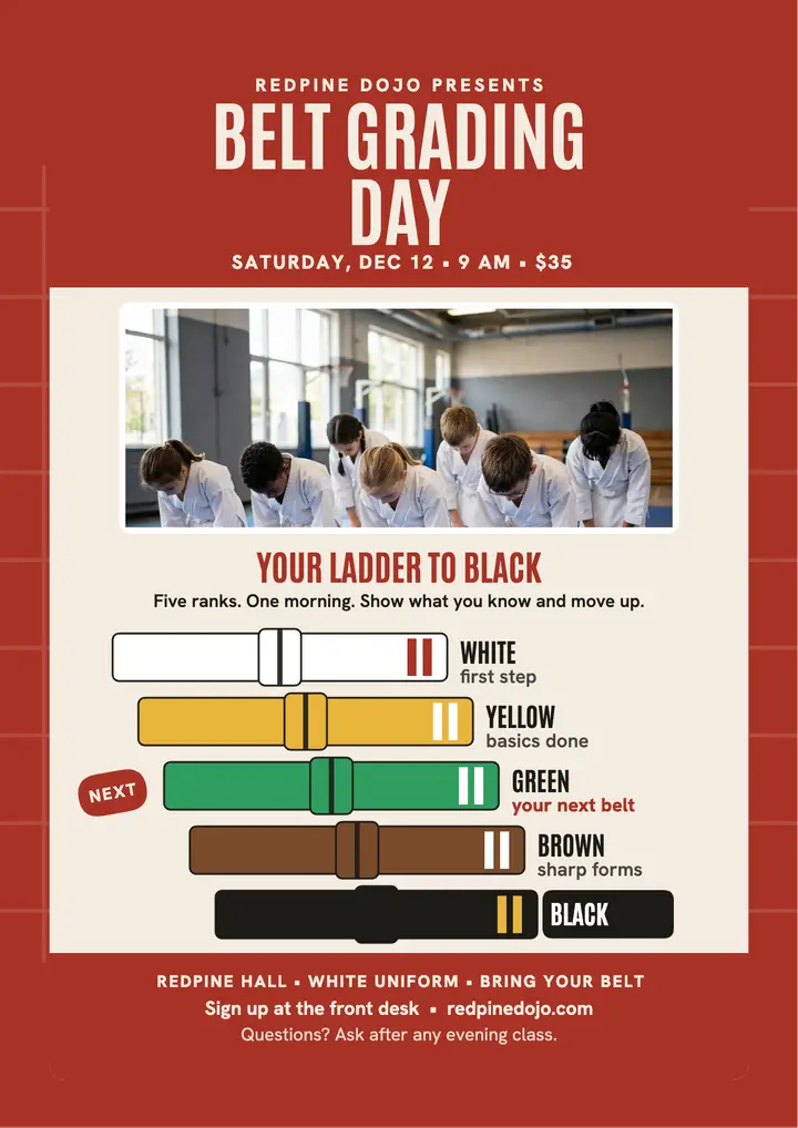 Redpine Dojo belt grading flyer template
