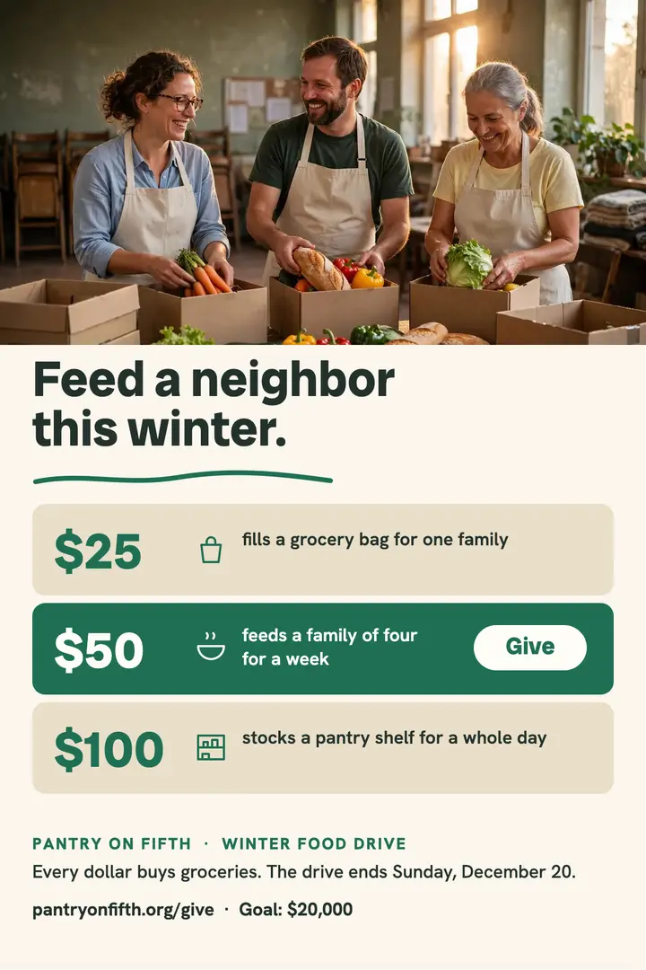 Pantry on Fifth winter food drive poster template
