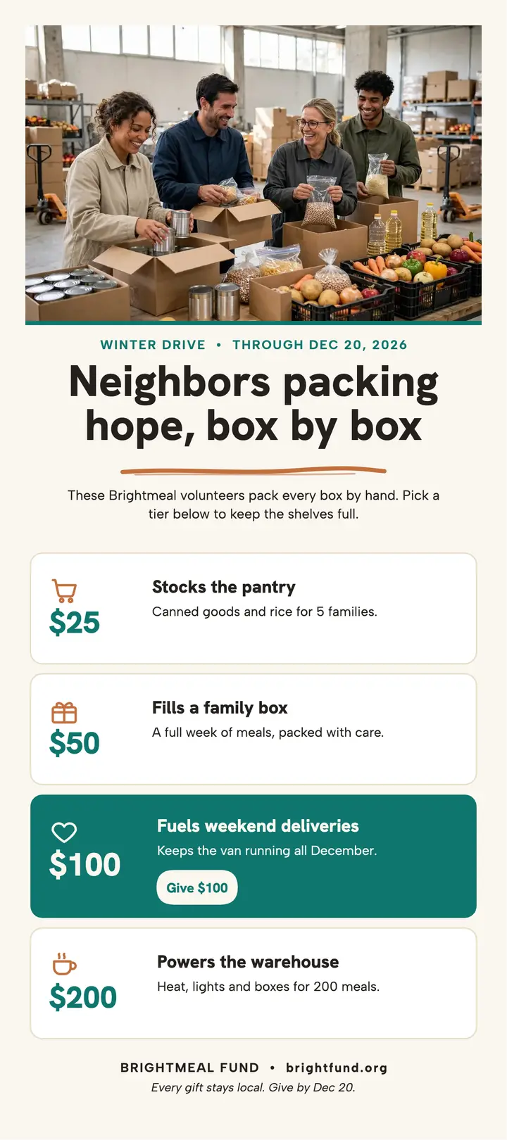 Brightmeal winter drive donation tiers template
