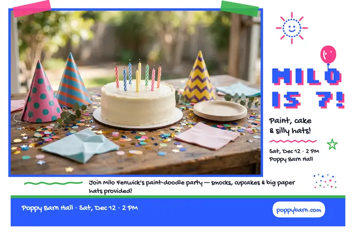 Milo's paint-doodle birthday party postcard template