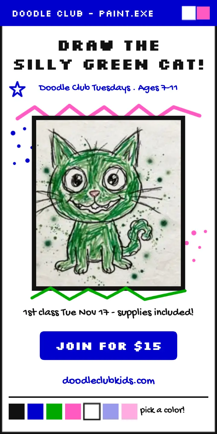 Doodle Club green cat half page ad: doodle club ad template