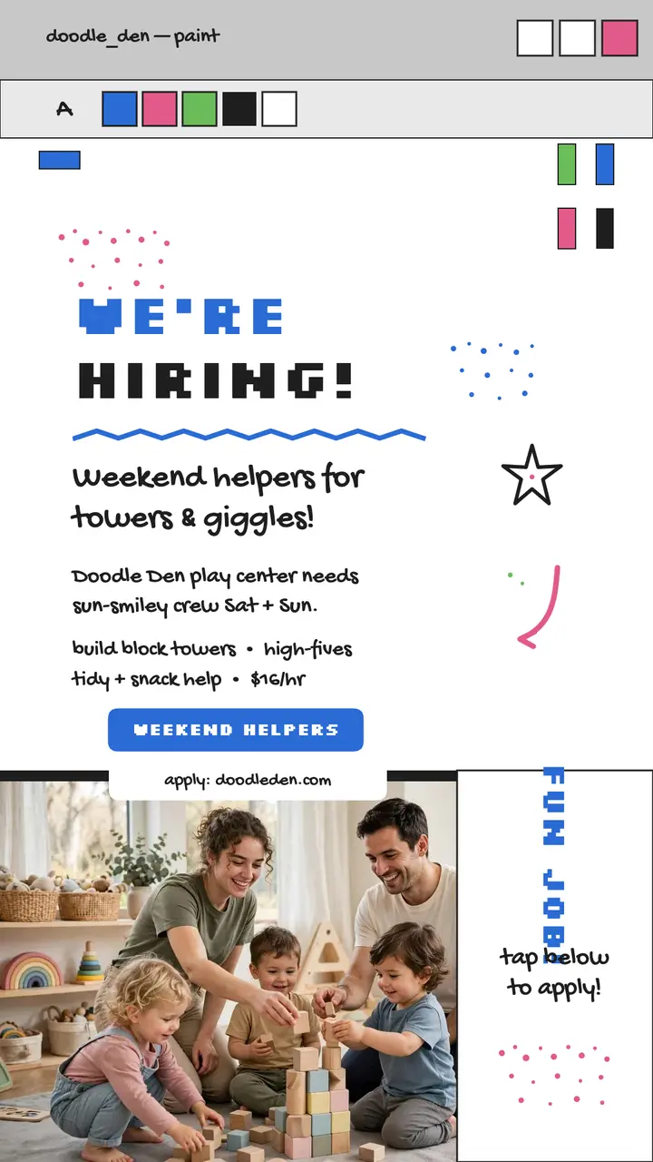 Doodle Den play helpers hiring story template