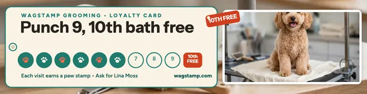 Wagstamp doodle loyalty card billboard: groomer loyalty card ad template