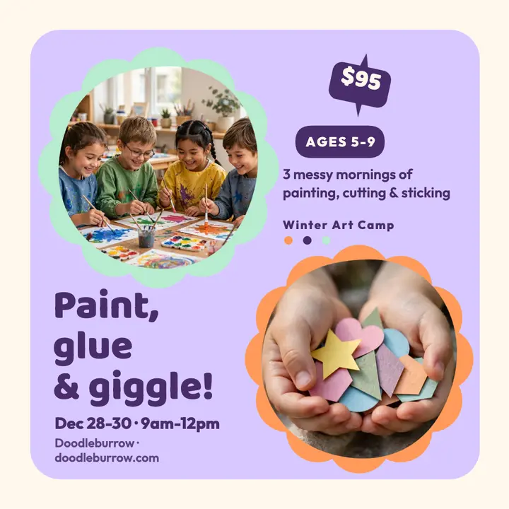 Doodleburrow winter art camp square post: kids art camp post template