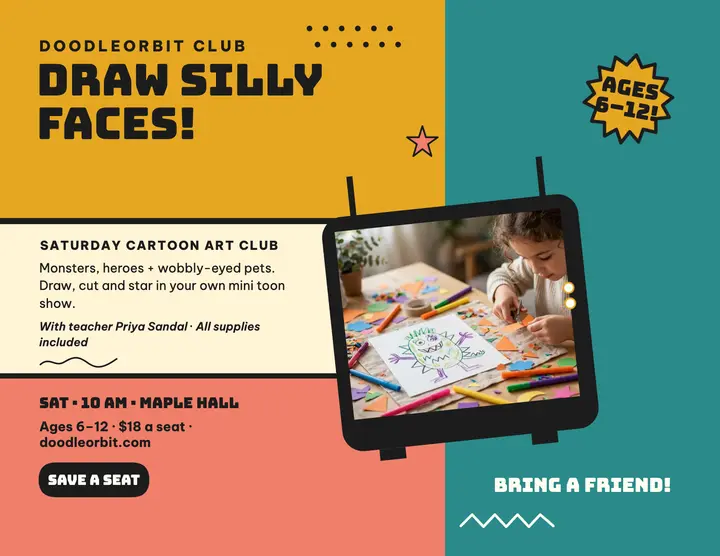 Doodleorbit Saturday cartoon art club flyer template