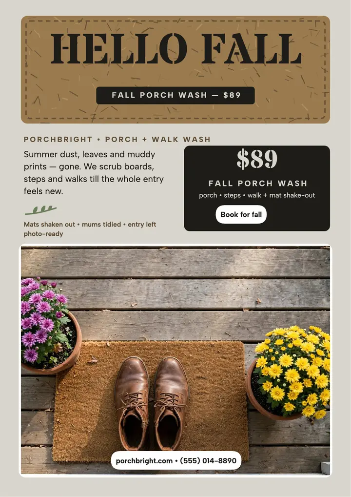 Porchbright fall porch wash flyer: porch cleaning flyer template