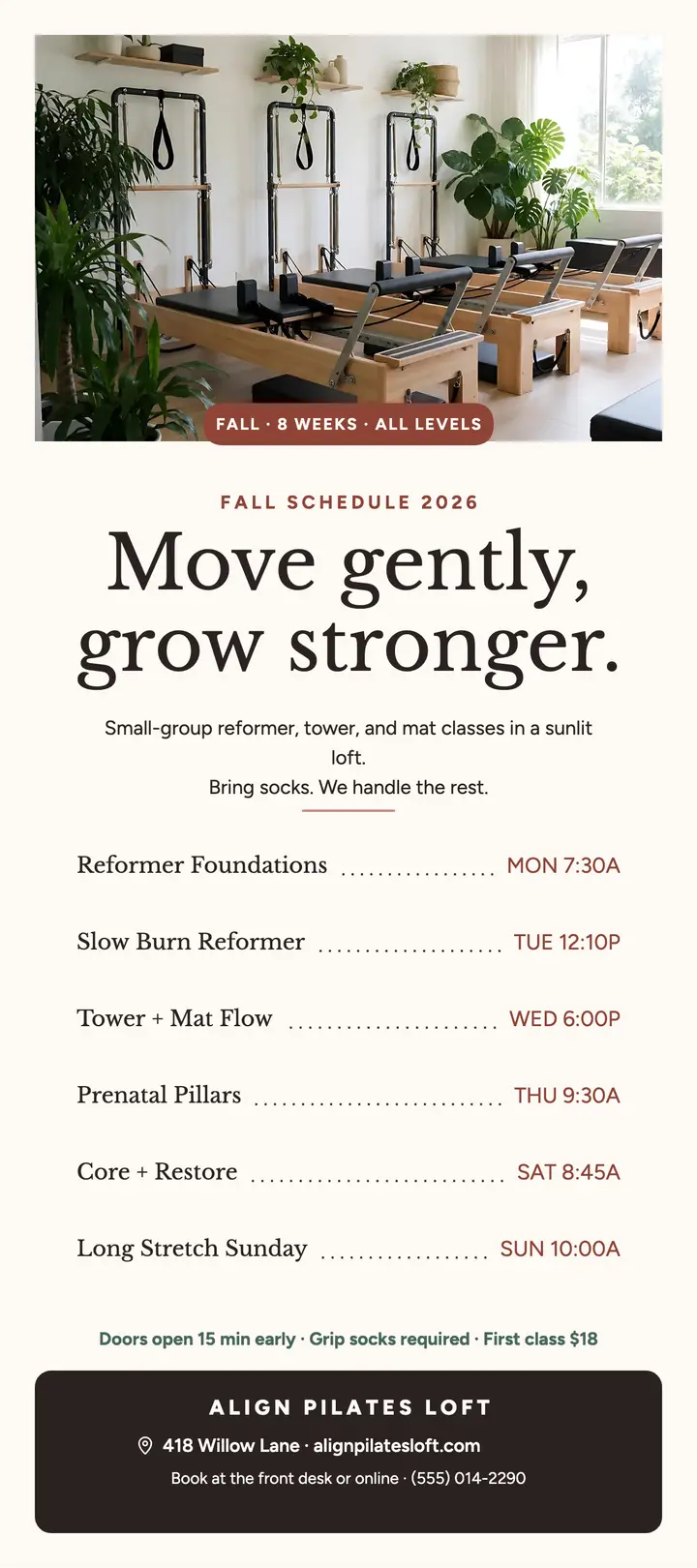 Align Pilates Loft fall schedule card: pilates schedule card template