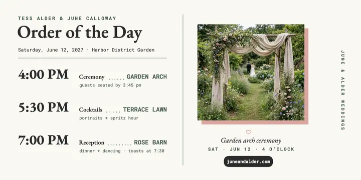 June and Alder wedding order of day post template