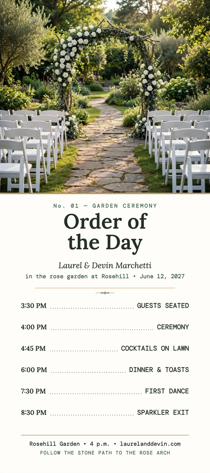 Rosehill garden ceremony order of the day rack card template