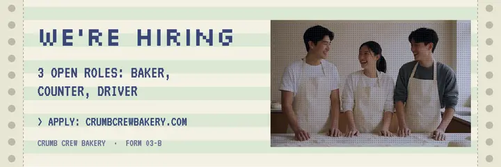 Crumb Crew Bakery now hiring dot matrix header: we're hiring header template